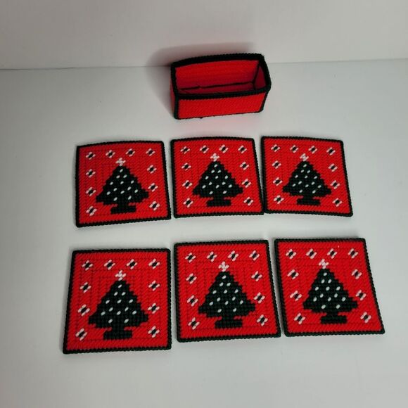 Christmas Tree Coasters Set of 6 Plastic Canvas Needlepoint Felted Trivets - Picture 1 of 5